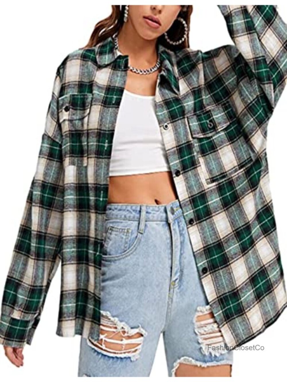 Oversized Plaid Flannel Button Down Shirt Long Sleeve Boyfriend Fit Women's